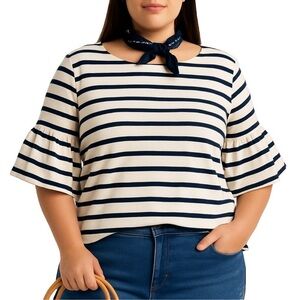 Striped Ruffle Sleeve Top - Navy/White